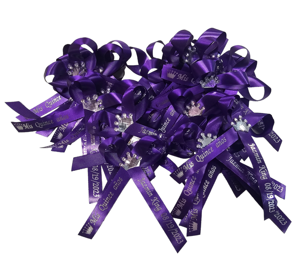 personalized ribbons with embellishment and pins on the back
